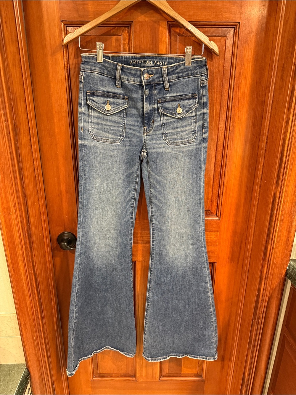 American Eagle Outfitters Medium Blue Flared Jeans with Front Flap Pockets